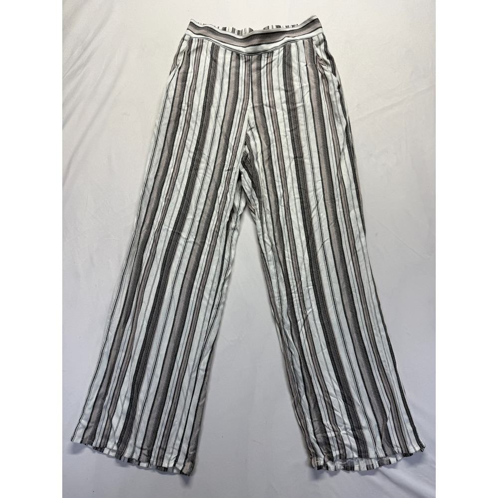 IN Studio Trousers Pants Womens Small White Gray Striped Rayon Wide Leg Pull-On